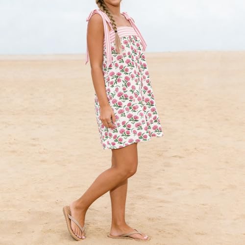 Image of Women Tie Shoulder Mini Dress Floral Ruffle Babydoll Dress Boho Square Neck Sundress Cute Summer Dresses