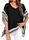 Falechay Plus Size Batwing Tops for Women Blouses Dressy Casual T Shirts Short Sleeves V Neck Boho Tops Cute Loose Tshirts Side Slit Tees Flowy Tunic Summer Fall Ladies Beach Vacation Black 4XL