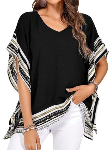 Women's Casual V Neck Floral Tops Batwing Sleeve Blouse Loose Fitting Shirts Boho Flowy Side Slit Tees