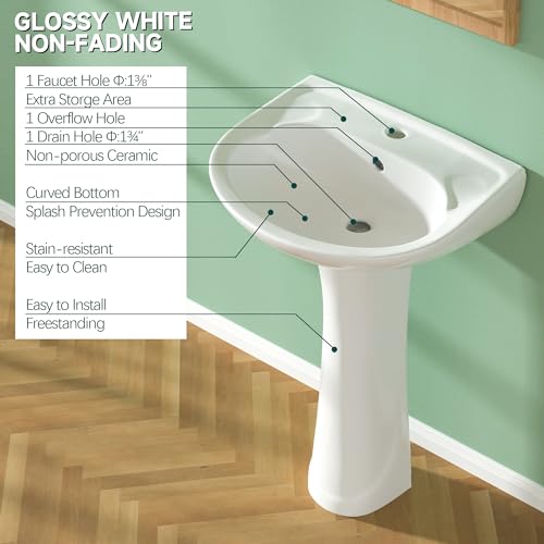 Miuara Pedestal Sink 20 Inch - 1 Hole Porcelain Pedestal Sink Combo for Bathroom, 20\"Dx17\"Wx33\"H, White Color, with 1 Overflow Hole & 1 Faucet Hole - Thumbnail 4