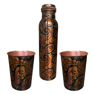 AYURVEDACOPPER Antique Pure Copper Bottel And Two Glass Set For Gifting And Self Use