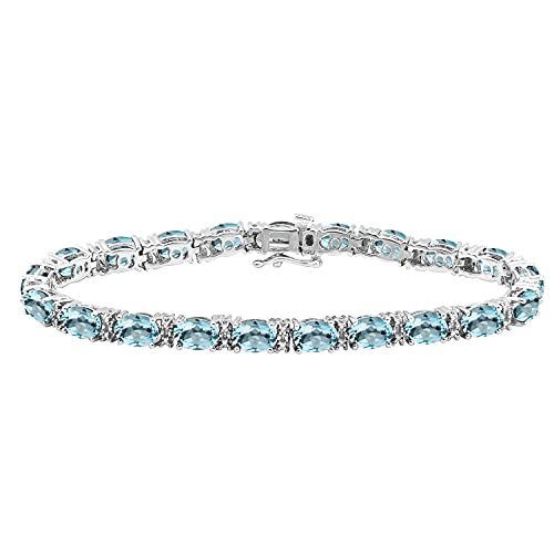 Jewelili Sterling Silver 7X5Mm Oval Cut Swiss Blue Topaz And Natural White Round Diamond Accent Tennis Bracelet, 7.25" #TOP21