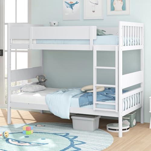 Giantex Wood Bunk Bed Twin Over Twin, Solid Wood Bunk Bed Frame with Ladder & Safety Guardrails, Space-Saving Convertible Bunk Beds for Kids Teens Juniors, Can Be Divided Into Two Twin Beds, White
