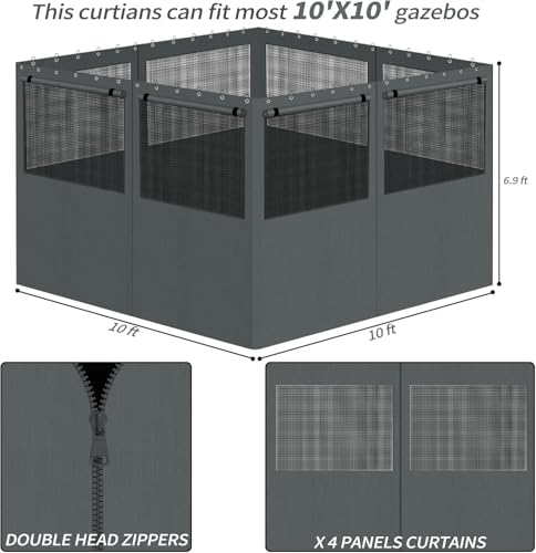 aonear Gazebo Privacy Curtains 10' x 12' with Mosquito Windows, 4-Panels Side Wall with Zipper Universal Replacement for Patio, Outdoor Canopy, Garden and Backyard, Gray (Curtain Only) - Image 4