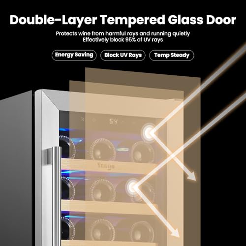Image of Yeego Wine Fridge Cooler - 15 Inch Wine Fridge Hold 33 Bottles, 40-65F Wine Refrigerator Glass Door, Built in, Freestanding Under Counter Fridge for Beer Soda Drink Home Bar Office