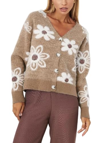 CHARTOU Women V Neck Floral Furry Crop Cardigan Knitted...