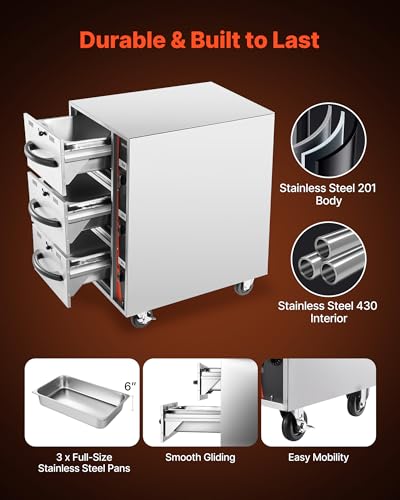 Image of VEVOR Commercial Electric Drawer Warmer, Three-Drawer Stainless Steel Food Warmer, Freestanding Compact Warming Drawer Cabinet, 85F-185F Wide Temperature Range, for Restaurant, Hotel Buffet & Bakery