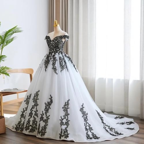 Off Shoulder Boho Plus Size Wedding Dresses Lace Appliques White and Black Wedding Gowns Tulle Bridal Dresses4