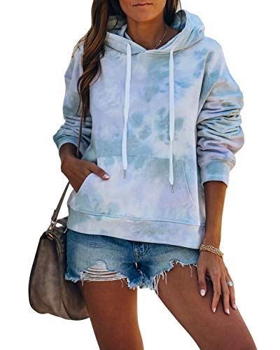 INFITTY Womens Oversized Tie Dye Hoodie Sweatshirts Cute Long Sleeve Shrits Loose Color Block Pullover Tops Purple Blue Medium
