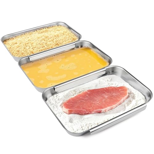 HULISEN Set of 3 Breading Pans, Stainless Steel Breading Set for Marinating Meat, Chicken, Fish, Food Prep Trays, Coating Trays Can Be Used to Baking Cake, Oven Safe