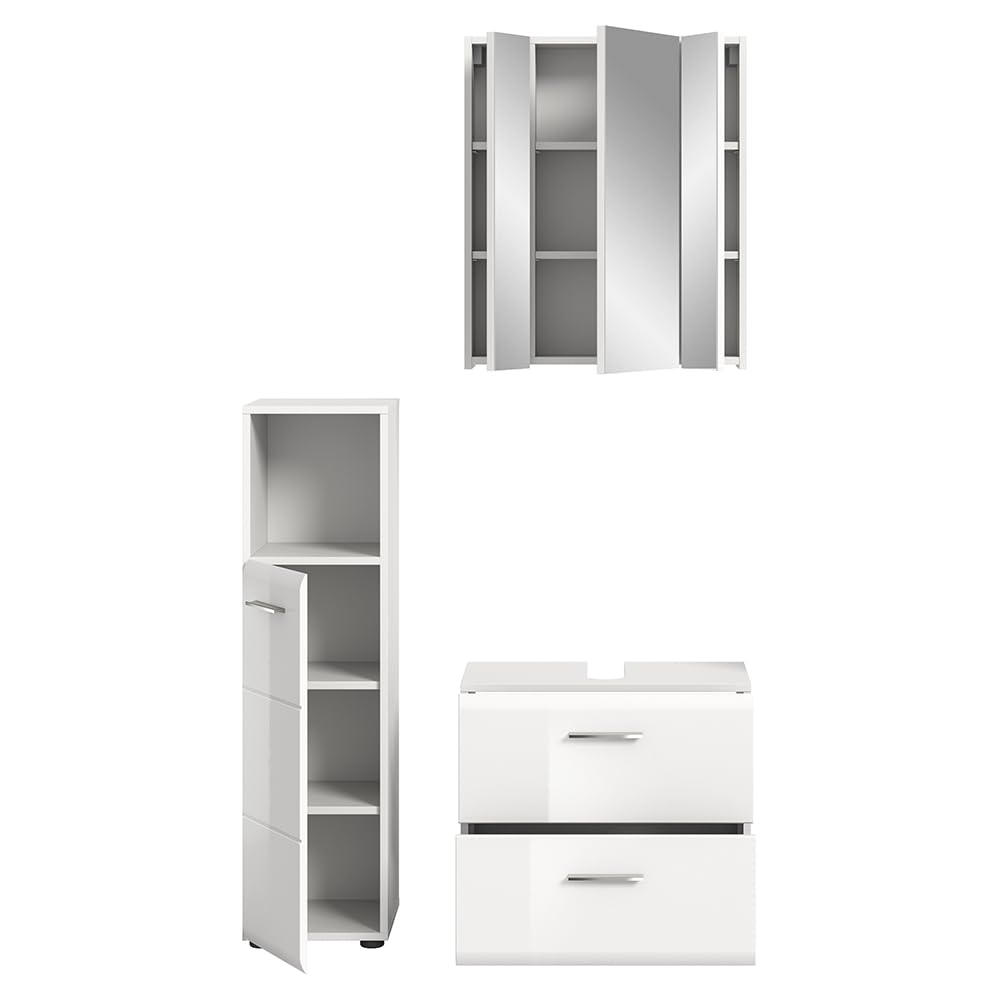 Lomadox Badezimmer Badmöbel-Set 3-teilig in weiß mit weiß Hochglanz, mit 1 Midischrank, 1 Spiegelschrank mit 3D-Funktion & 1 Waschbeckenschrank