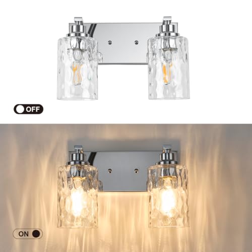 Image of 2-Light Bathroom Light Fixtures Modern Chrome Vanity Lights | Easy to Install Clear Hammered Glass Shades, Rippled Glow, Wall Mount Up or Down, E26 Socket, Hardwired, 120V