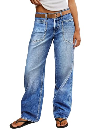 Flamingals Straight Leg Jeans for Women Trendy Mid Rise Stretchy Patch Pocket Baggy Jeans Casual Without Belt