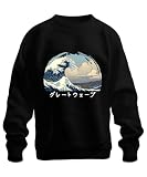 Printera Sudadera unisex con diseño de ola de Hokusai con diseño de barco de mar ukiyoe japonés, Negro , XL