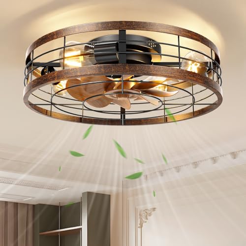 Image of VOLISUN Farmhouse Caged Ceiling Fans with Lights Flush Mount, 19.7'' Rustic Low Profile Ceiling Fan with Light and Remote, Bladeless Fandelier Ceiling Fans with Lights for Kitchen, Bedroom-Gold