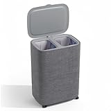 XABITAT Dual Section 90L Laundry Basket with Wheels and Lid – Tall divided Double Laundry Hamper with 2 Removable Washable Bags, Large Laundry Sorter for Easy Clothes Separation