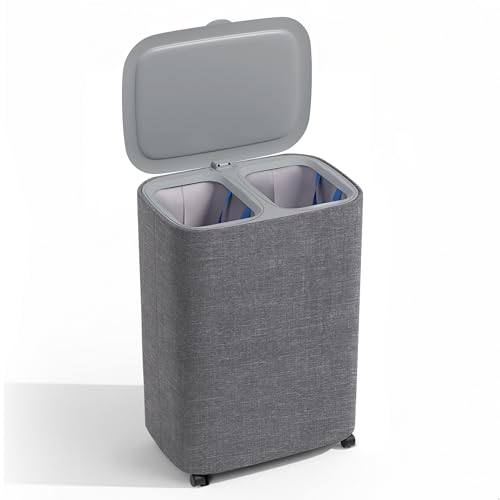 XABITAT Dual Section 90L Laundry Basket with Wheels and Lid – Tall divided Double Laundry Hamper with 2 Removable Washable Bags, Large Laundry Sorter for Easy Clothes Separation