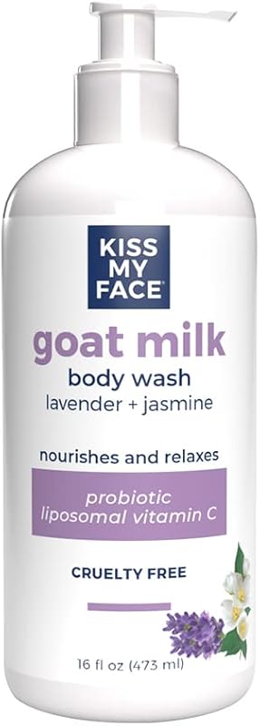 Sabonete líquido corporal Kiss My Face com leite de cabra, lavanda e jasmim, óleo de argan, 473 mL