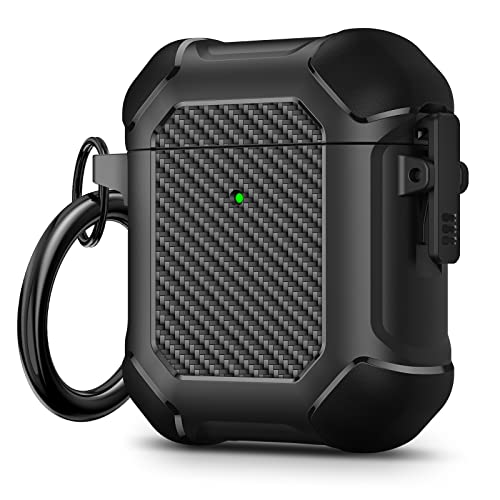 Maxjoy Airpods Case, Carbon Fiber Secure Lock Clip Full Body Shockproof Hard Shell Protective Case Cover With Keychain For Airpod 1St And 2Nd Generation Wireless Charging Case, Black #TOP20
