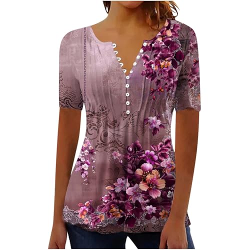 Women 2025 Spring Blouses Tops Floral Short Sleeve Boho T Shirts Dressy Casual Tunic Beach Vacation Ladies Clothing