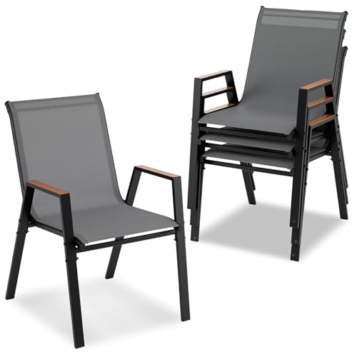 COSTWAY Gartenstühle stapelbar 4er Set, Stapelstühle, Terrassenstühle mit Armlehnen, Balkonstühle bis 180 kg belastbar, 56 x 66 x 88 cm, Grau