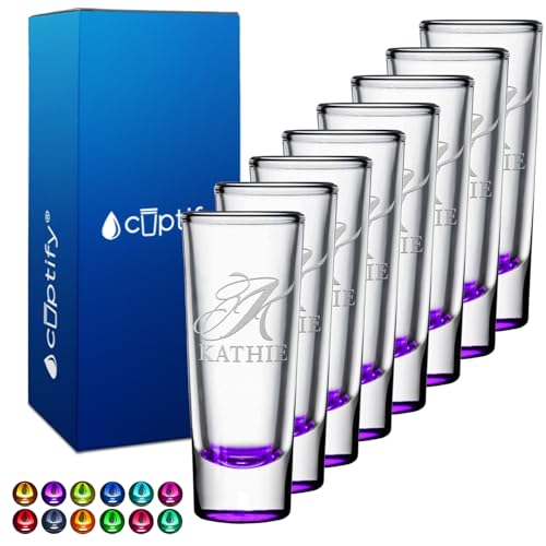 Personalized Shot Glasses Set of 8 Purple Bottom Custom 2 oz Cordial Shot Glass Initial and Name for Gifts, Weddings, Birthdays, Party, Event, Decorations