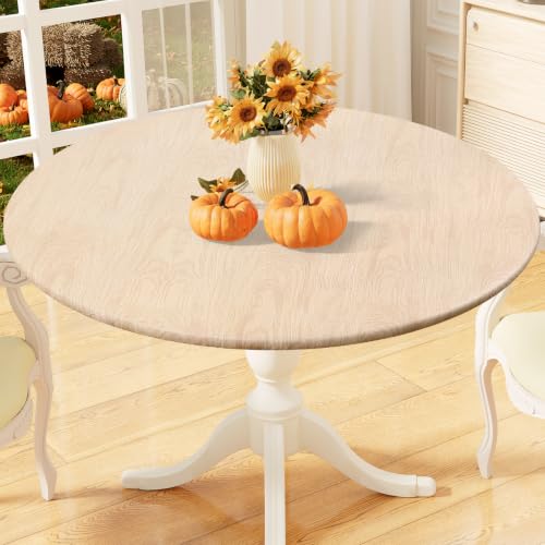 misaya Round Fitted Tablecloth with Elastic Edge, 100% Waterproof Oil Proof Plastic Table Cover, Vinyl Flannel Backed Tablecloth Fits 36"-44" Round Tables for Dinner, Outdoor, Picnic, Wood by misaya - Used condition - US$10.86