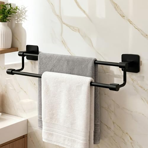 Image of Amazon Basics 24 Inch Bathroom Towel Hanger for Wall - Space Aluminum Towel Rod | Self Adhesive No Drill Rustproof Modern Towel Bar Rack for Bathroom & Kitchen