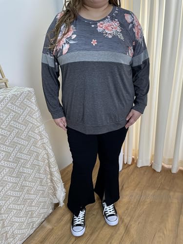 Image of TIYOMI Plus Size Tops for Women Raglan Long Sleeve V Neck T Shirts Casual Color Block Leopard /Floral Tops Winter Tee Shirt