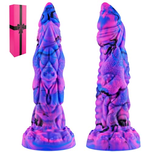 Consolador de silicona de 20,5 cm con forma de dragón monstruo y ventosa potente, consolador extraterrestre pequeño y realista para vagina y ano, pene de fantasía morado y azul para el punto G