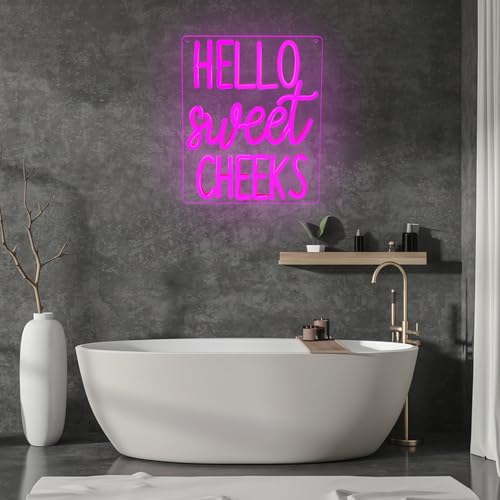 Image of Hello Sweet Cheeks Neon Sign Funny Hello Sweet Cheeks Bathroom Decor Dimmable Neon Signs for Wall Decor Pink LED Bathroom Signs USB Neon Light Up Sign Wall Art Cute Bathroom Shelf Decor for Women