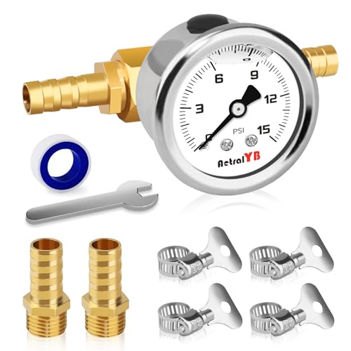 AetralYB 0-15Psi Fuel Pressure Test Kit 1-1/2 Dial Size Glycerin Filled with 1/8 NPT Pressure Gauge Inline Fuel Pressure Regulator with Gauge for Car with 3/8 5/16 Barb Mounting Connection