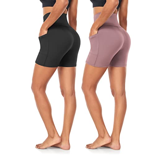 2 Piece Workout Shorts For Women-5" High Waist Pockets Buttery Soft Tummy Control Athletic Biker Gym Yoga Short Pants(2 Pack Black+Pink,Large-X-Large) #TOP10