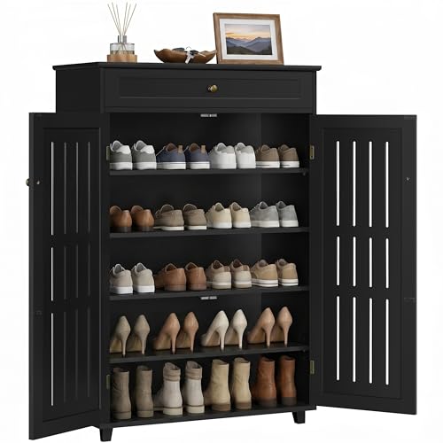 Yaheetech Shoe Cabinet, 5-Tier Shoe Rack Organizer with 1 Drawer, Freestanding Wooden Shoe Storage Cabinet with 2 Louvered Door & Adjustable Shelves for Entryway Hallway, Black