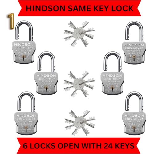 Image of HINDSON 24 Same Keys MAX 74mm 4 Locking System | 9 Lever Mechanism | Chrome Finish Heavy Duty Big Size 610g Approx | 6 Locks with 24 Same Keys for Gate, Shutter & Home Use