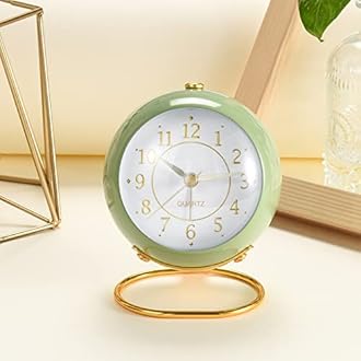 Dotcom Tetino Alloy Steel Analog Alarm Clocks, Retro Backlight Cute Simple Design Small Desk Clock Night Light, Silent Non-Ticking, Battery Powered (White)-10 Cm