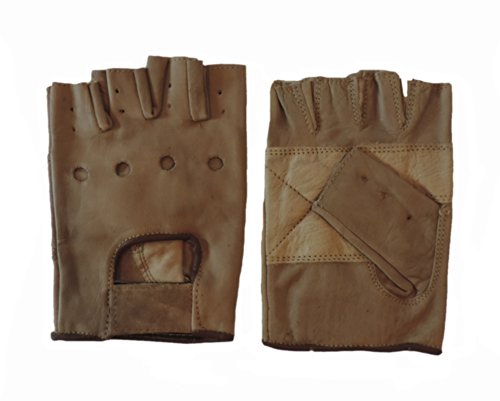 Open Knuckle Fingerless Brown Leather Motorcycle Gloves Large