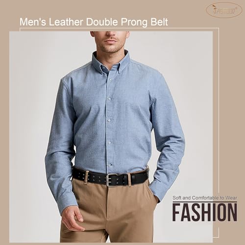 Image of JASGOOD Men Double Prong PU Leather Belt Casual Work Heavy Duty Belt Double Grommet Holes Belt for Jeans