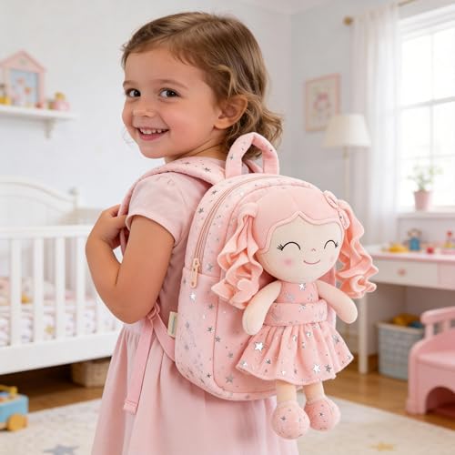 Image of Gloveleya Kids Backpack Toddler Girl Gift Plush Curly Hair Doll Backpack - Light Coral Pink 9''