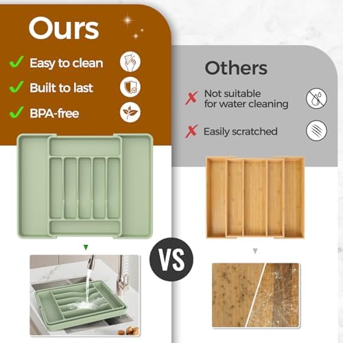 ukeetap Extra Large Expandable Silverware Organizer, BPA-Free Food-Safe Cutlery Flatware Organizer, Kitchen Utensil Drawer Organizer, Adjustable Silverware Holder for Spoons Forks Knives, Green — view 6