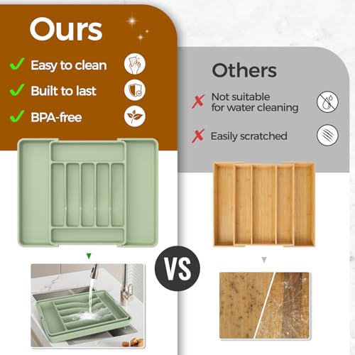 Extra Large Expandable Silverware Organizer, BPA-Free Food-Safe Cutlery Flatware Organizer, Kitchen Utensil Drawer Organizer, Adjustable Silverware Holder for Spoons Forks Knives, Green
