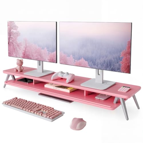 Image of Fenge Dual Monitor Stand, Monitor Stands Riser for 2 Monitors, 42.5 Inch Wood Desk Shelf with Storage Organizer and Cable Management for Office Desk Accessories