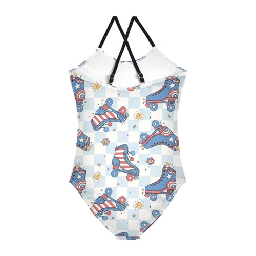 Girls One Piece Swimsuits Roller Skate Shoes for 4th of July Sport Halter Swimwear Beach Bathing Suit, 5-6T2