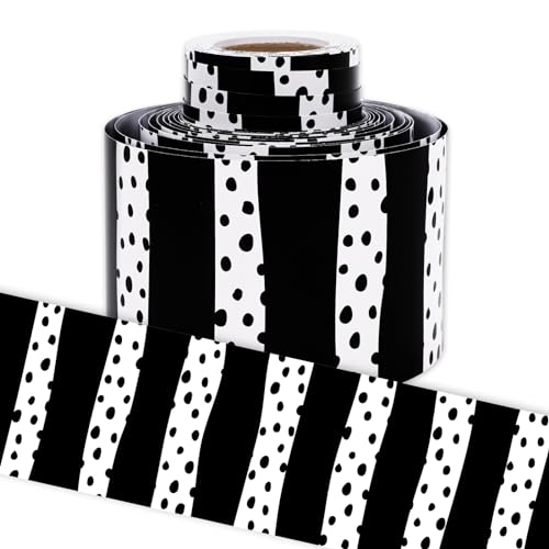 Image of Whaline 32.8 Ft Bulletin Board Borders Black White Dot Stripe Die-Cut Rolled Border Trim for Back to School Classroom Office Chalkboard Decoration