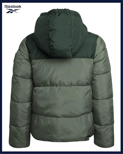 Image of Reebok Girls Heavyweight Poly Taffeta Puffer Jacket with Sherpa Hood | Insulated Quilting Locks in Warmth, Zip-Up Closure, Secure Pockets for Gloves, Cozy Protection for Cold-Weather Play