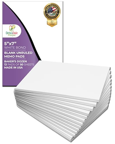 Debra Dale Designs 5×7 White Memo Pads – 13 Unruled Notepads with Chipboard Backing – Durable Note Pads for Work & Home – Made in USA