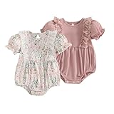 Merqwadd Baby Girl Bubble Romper Pack Short Sleeve Lace Bodysuit Vintage Newborn Summer Clothes (Pink&Floral,3-6 Months)