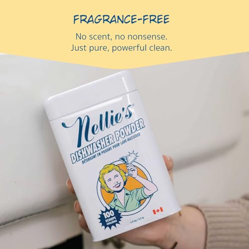 Image of Nellie's Dishwasher Powder - Tough on Food Residue, Plant-Based Ingredients, Spotless Clean, High-Efficiency Dishwashing Solution - 100 Scoop Tin - (Made in Canada) | Plant-Based, Phosphate-Free & Septic-Safe, HE Compatible, Made in Canada