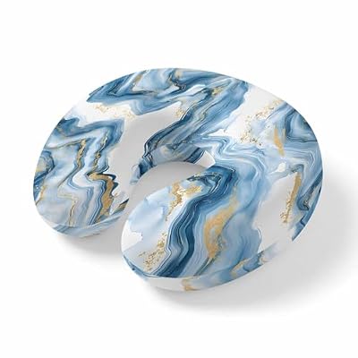 ZRNLTDGHK Neck Pillow Modern Blue Gold Marble Stone Travel Pillow Memory Foam U Shaped Pillows, Abstract Liquid Texture Travel Neck Pillows for Airplane Car Office Home Sleeping Rest