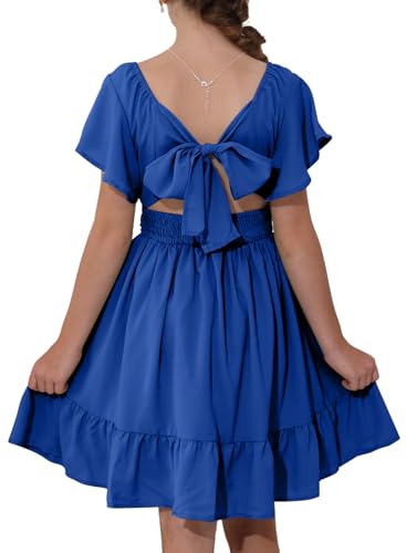 blibean Teen Girls Summer Dresses Big Kids Flower Girl Dress Fancy Ruffle Short Sleeve Tie Back Dance Vestidos para Nias Size 12-13 Royal Blue